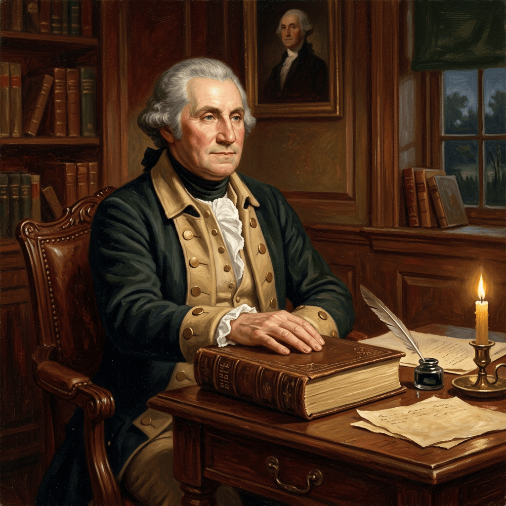 George Washington seated at a desk beside a Bible labeled BIBLE