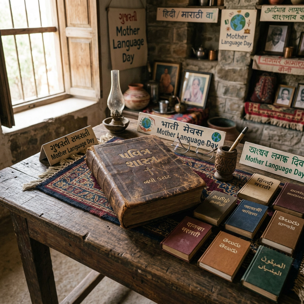 Multilingual Mother Language Day display with books, signs, lamp, and portraits