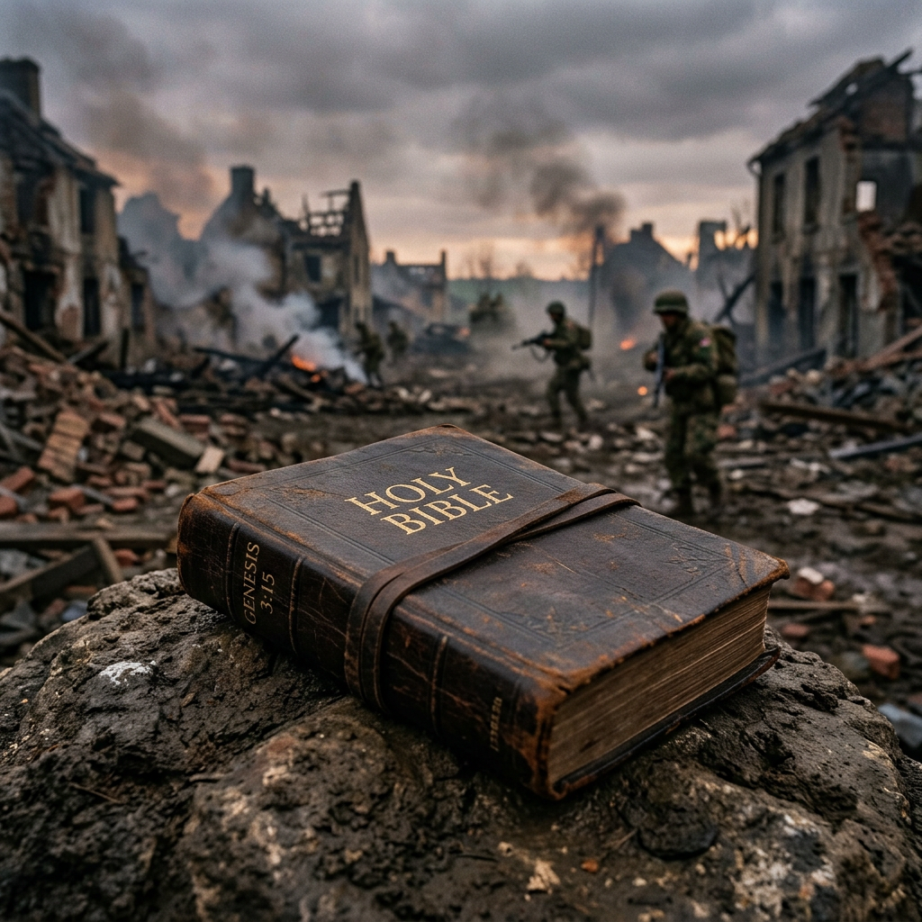 Holy Bible labeled Genesis 3:15 resting on rubble amid ruins and soldiers