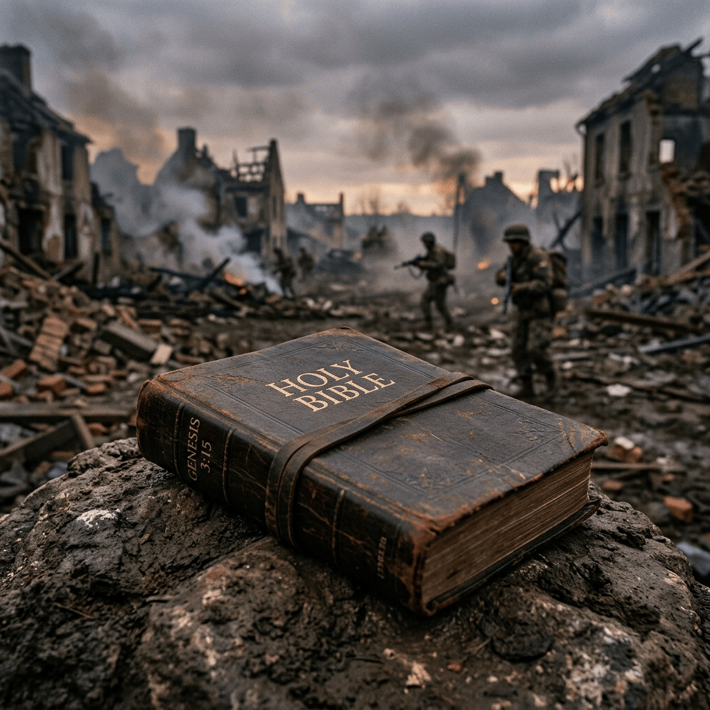 Holy Bible labeled Genesis 3:15 resting on rubble amid ruins and soldiers