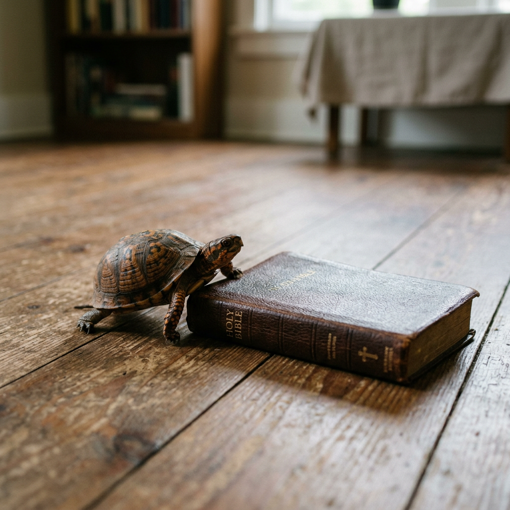 Tortoise beside a closed Bible on a wooden floor