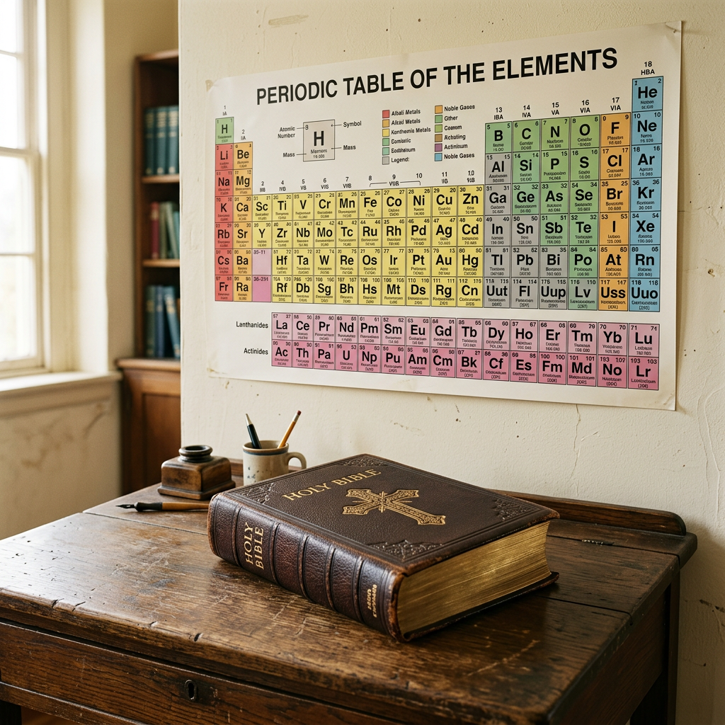 Vintage Bible on a wooden desk beneath a periodic table poster