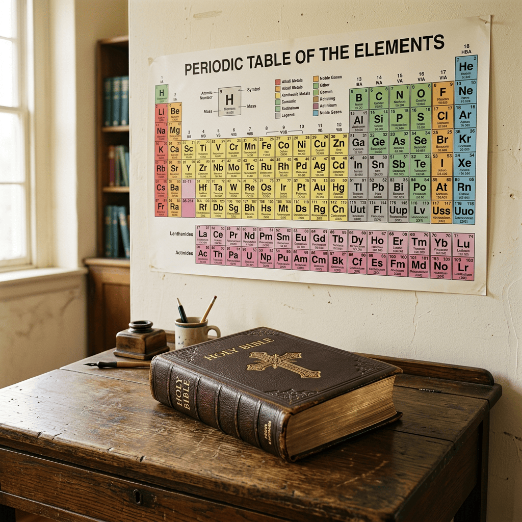 Vintage Bible on a wooden desk beneath a periodic table poster