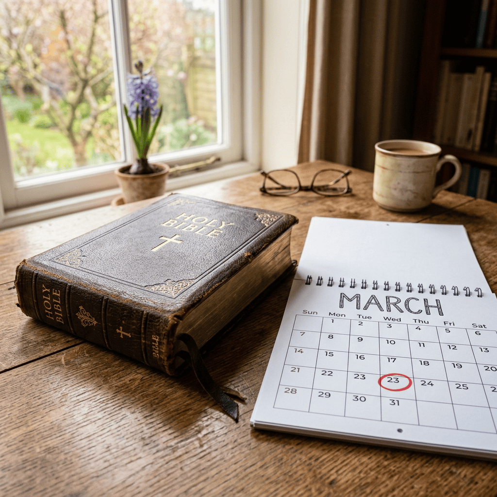 Holy Bible beside a March calendar labeled Sun through Sat, with 23 circled