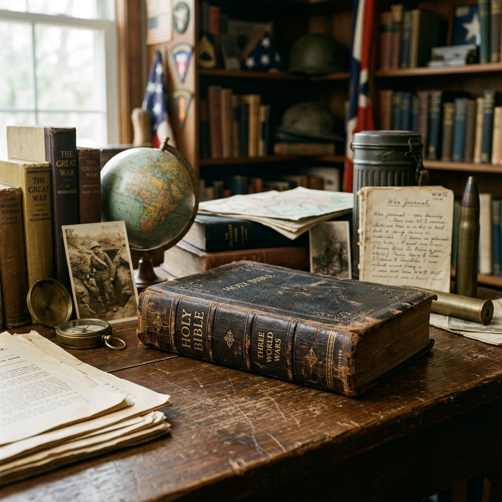 Desk with Holy Bible, globe, war books, maps, letter, and military artifacts