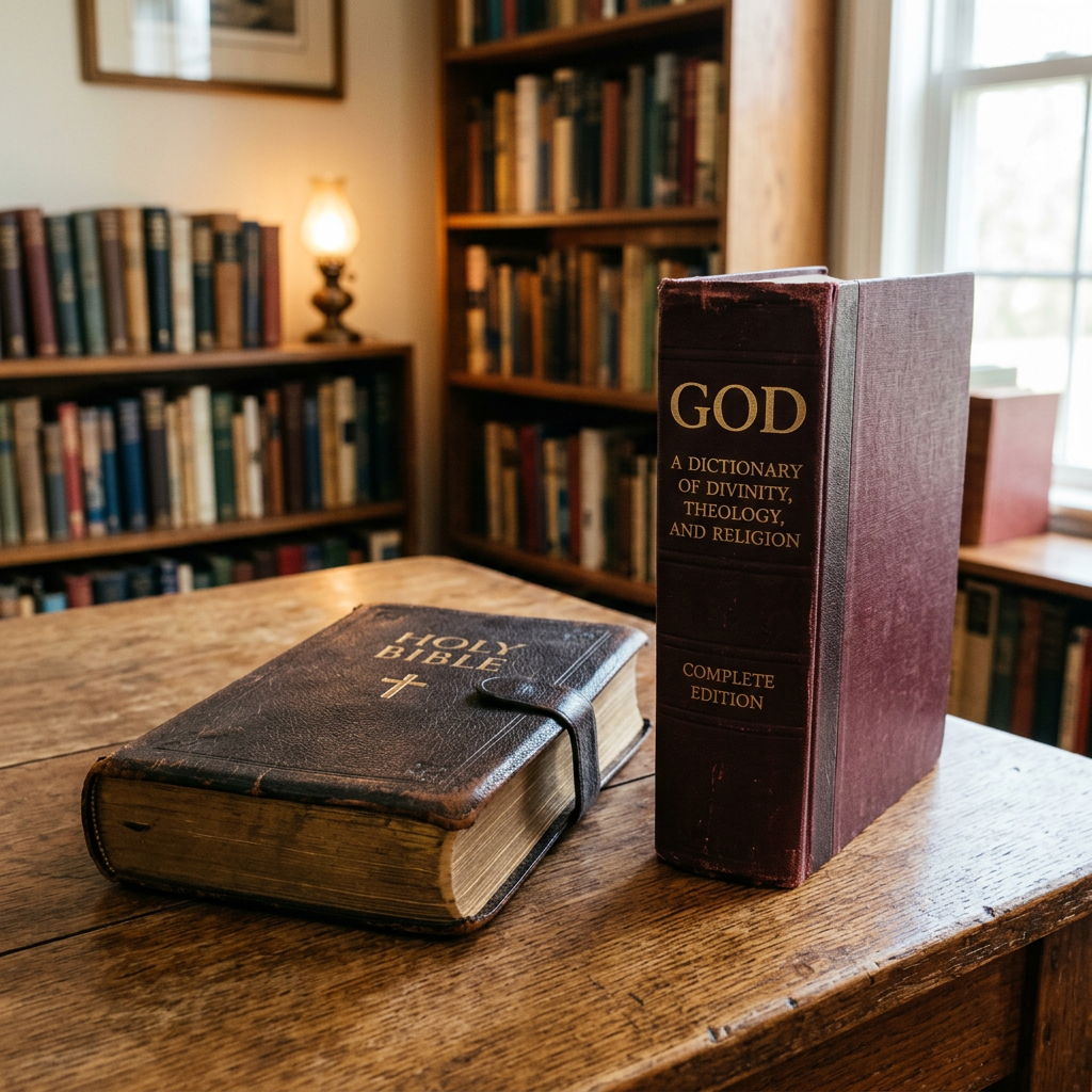 Holy Bible and theology dictionary on a wooden table