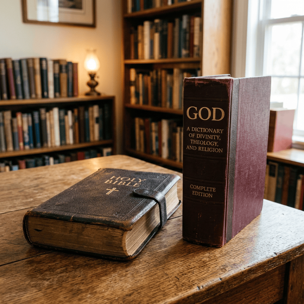 Holy Bible and theology dictionary on a wooden table