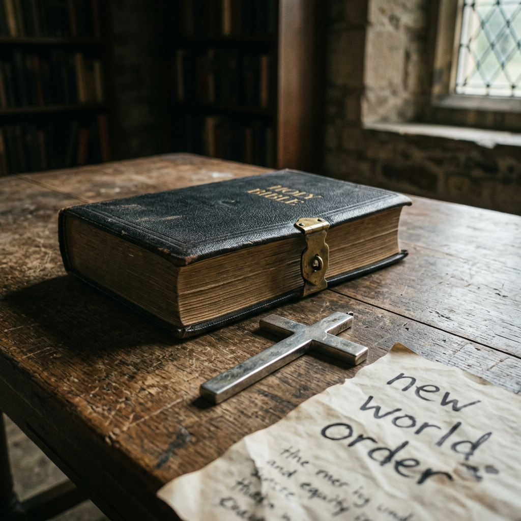 Closed Bible, metal cross, and note reading “new world order.”