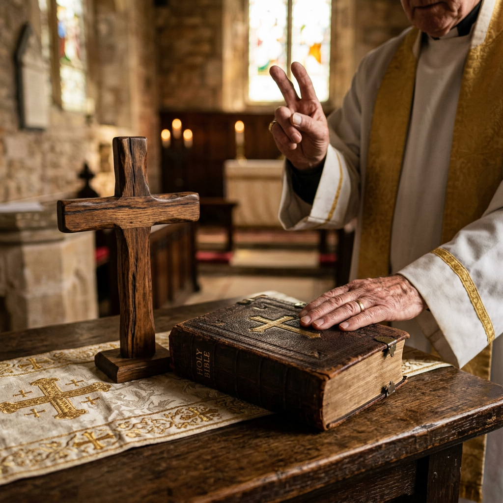 Priest blessing a Bible beside a wooden cross in a church