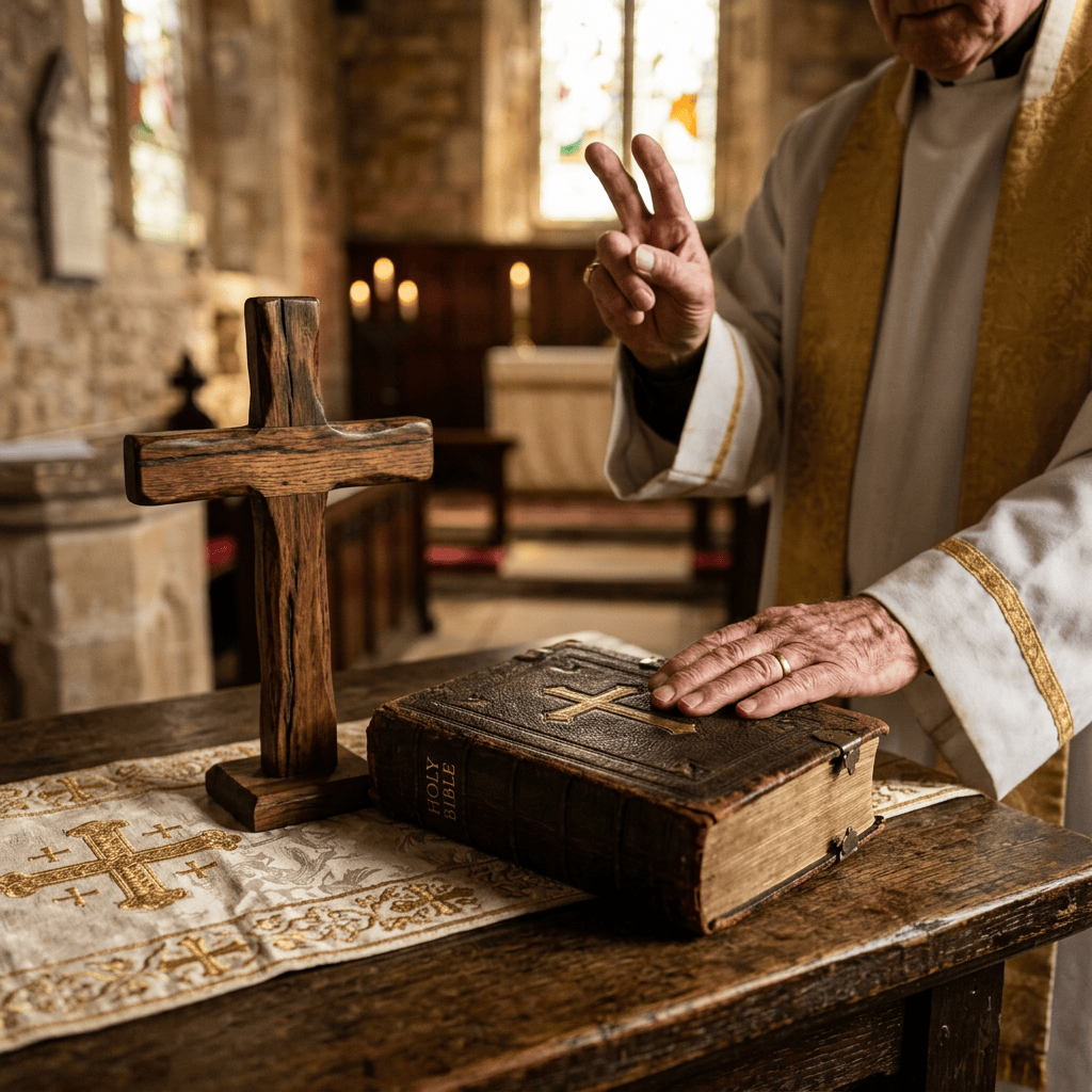 Priest blessing a Bible beside a wooden cross in a church
