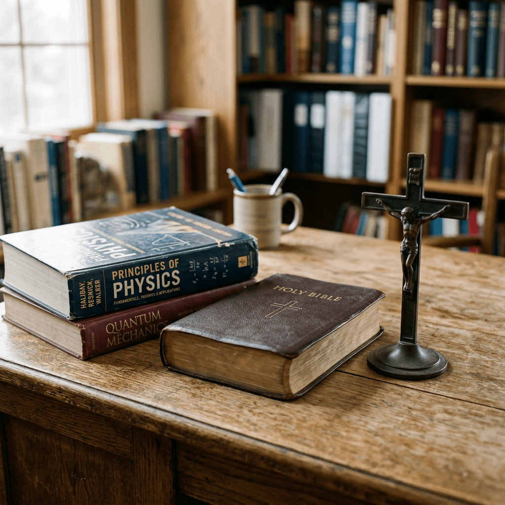 Holy Bible, physics textbooks, coffee mug, and crucifix on a wooden desk