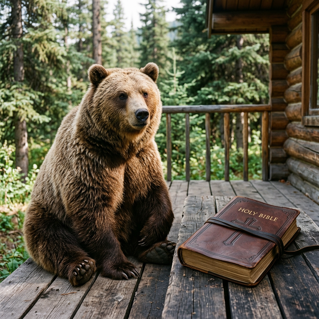 Brown bear sitting beside a Holy Bible on a cabin porch