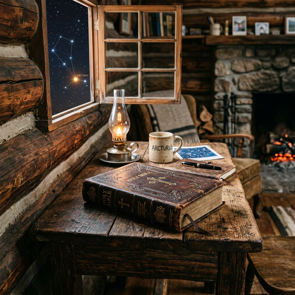 Bible, oil lamp, and Arcturus constellation in a rustic cabin