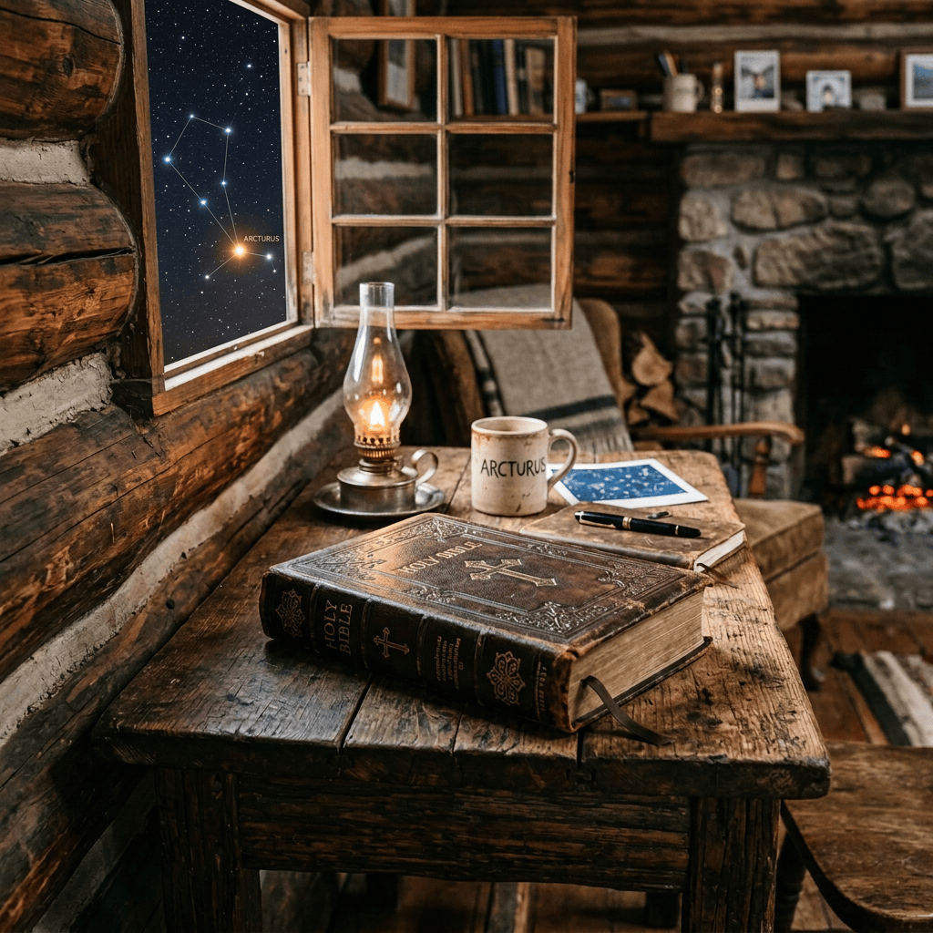 Bible, oil lamp, and Arcturus constellation in a rustic cabin