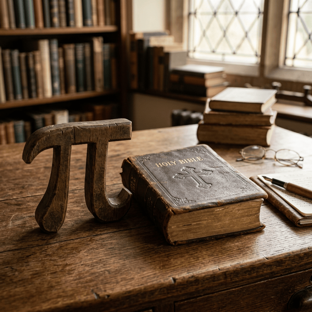 Worn Holy Bible and wooden symbol on a library desk
