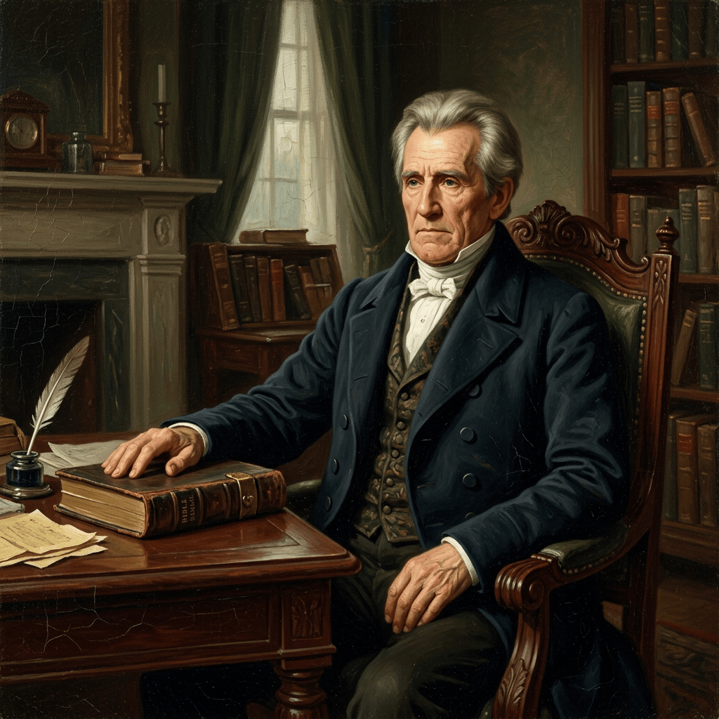 Gray-haired statesman seated at a desk in a book-lined study