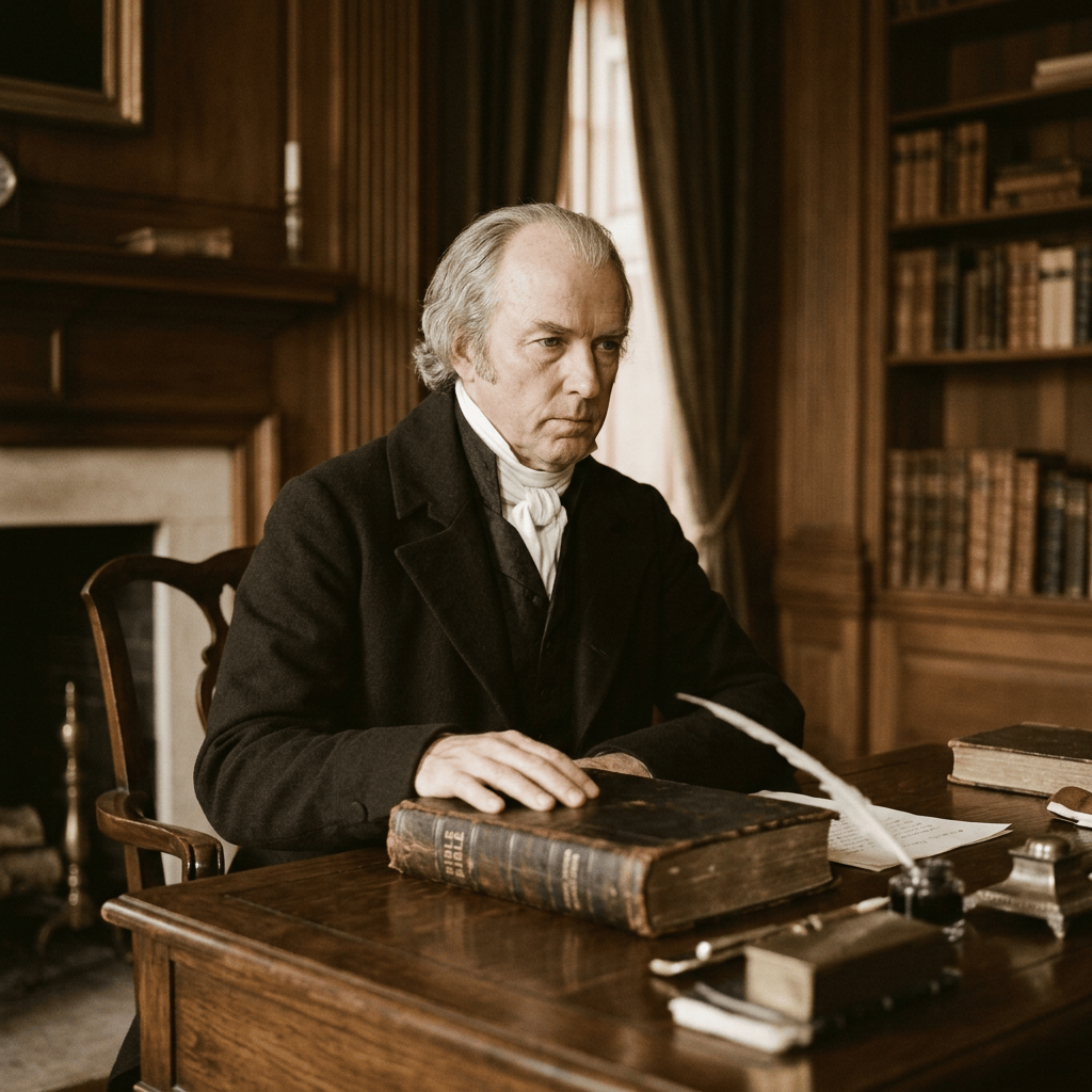 Gray-haired man in historical clothing seated at desk with book and quill
