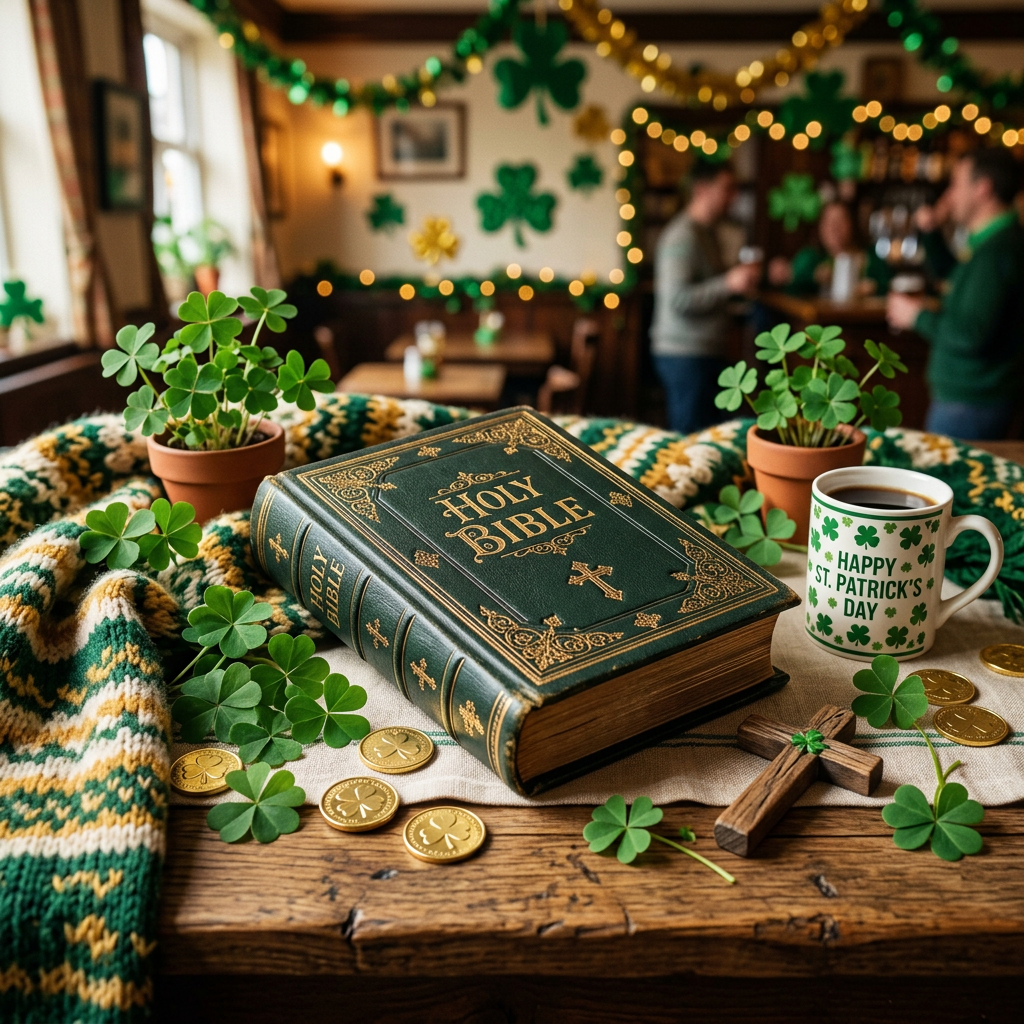 Bible, shamrocks, St. Patrick’s Day mug, coins, and cross on table