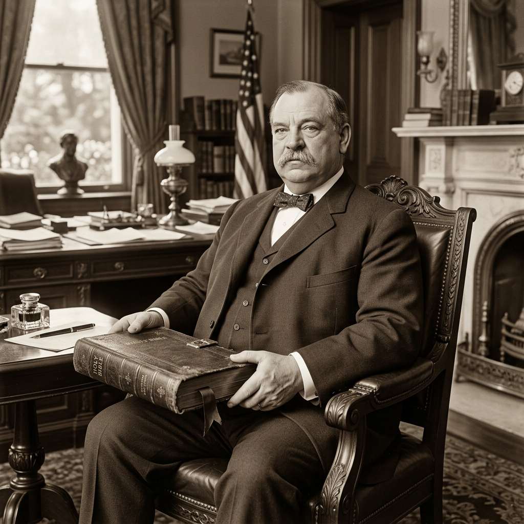 Mustached statesman holding a Bible in an office beside an American flag