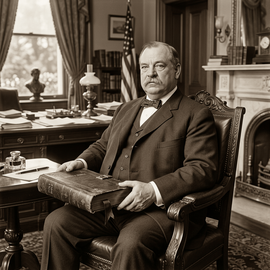 Mustached statesman holding a Bible in an office beside an American flag