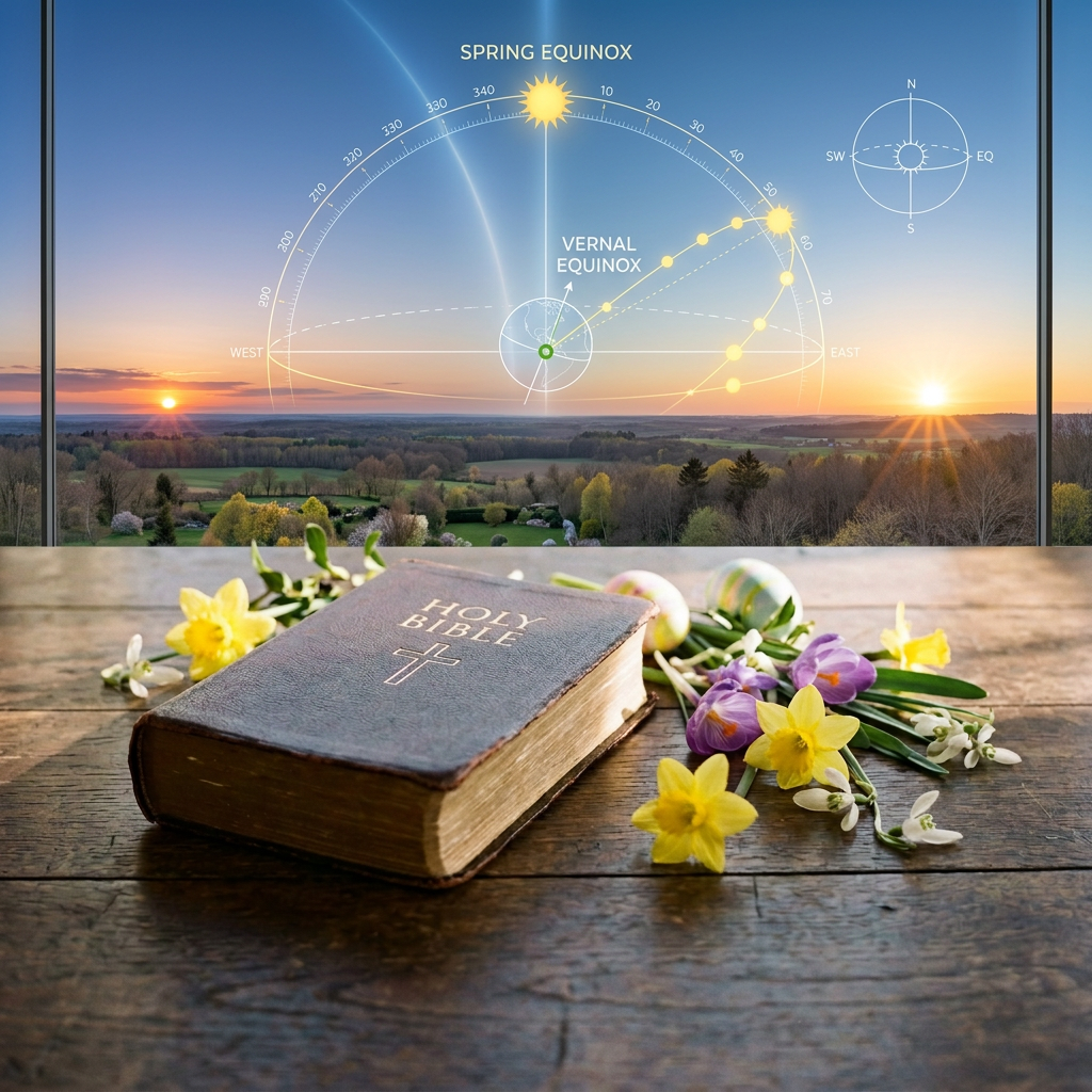 Holy Bible and spring flowers beneath a Spring Equinox diagram labeled Vernal Equinox, West, East, N, S, EQ, SW