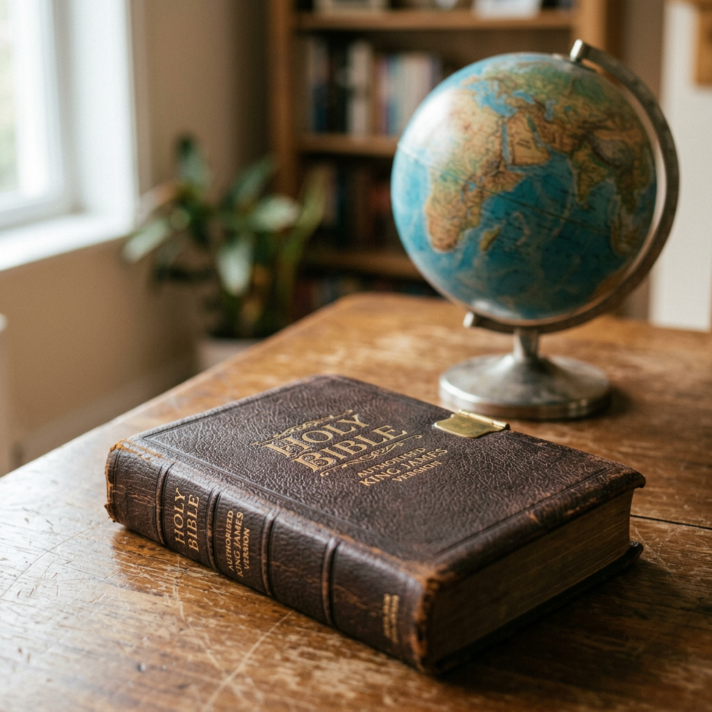 Holy Bible beside a globe on a wooden study table