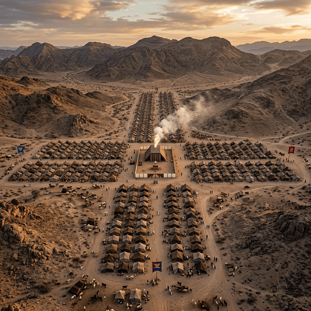 Large desert encampment with rows of tents, flags, and smoking pavilion