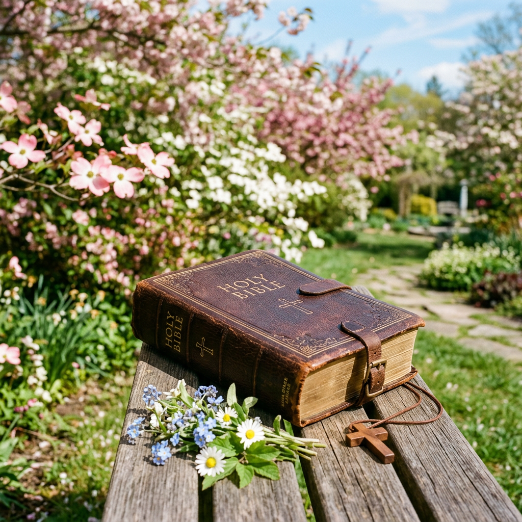 Holy Bible, wooden cross, and wildflowers on a garden bench