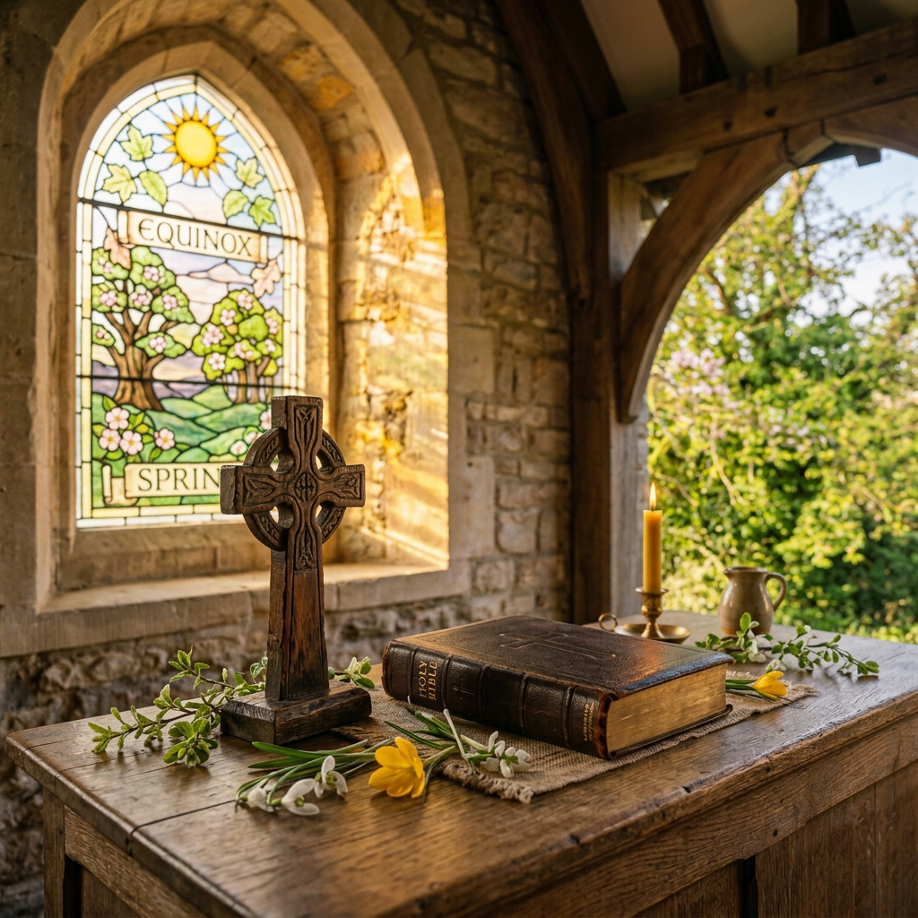 Bible, wooden cross, candle, and autumn leaves on a table beside stained glass