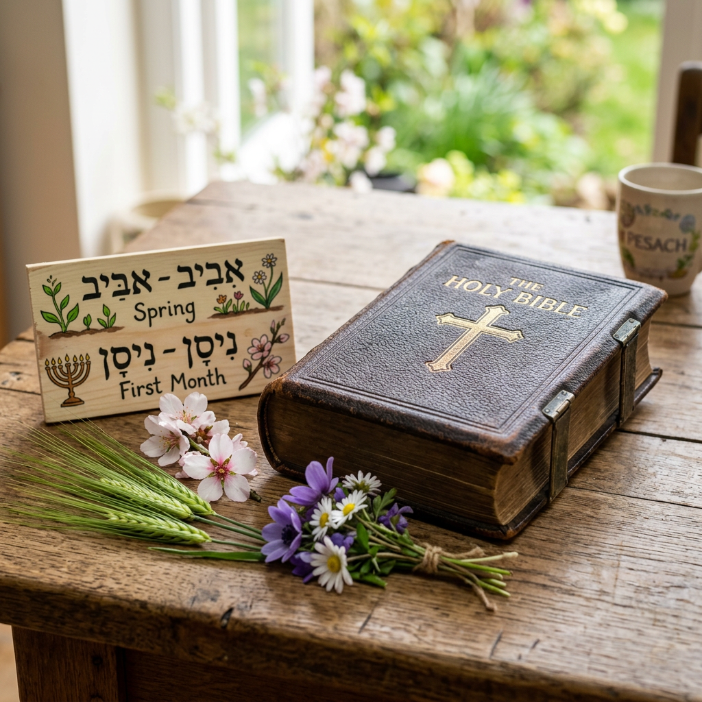 Holy Bible, flowers, wheat, and sign reading “Spring” and “First Month”