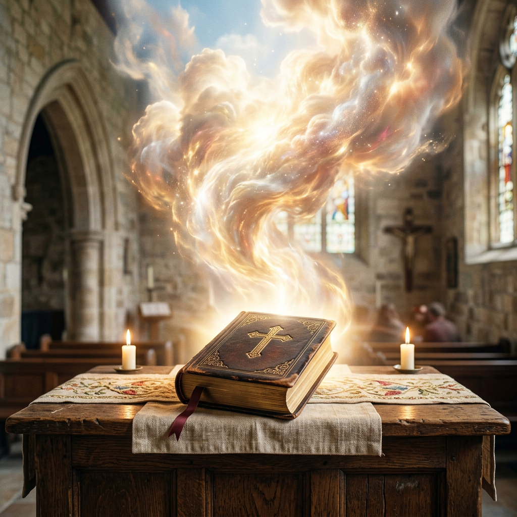 Bible with cross on church altar beneath glowing swirling light