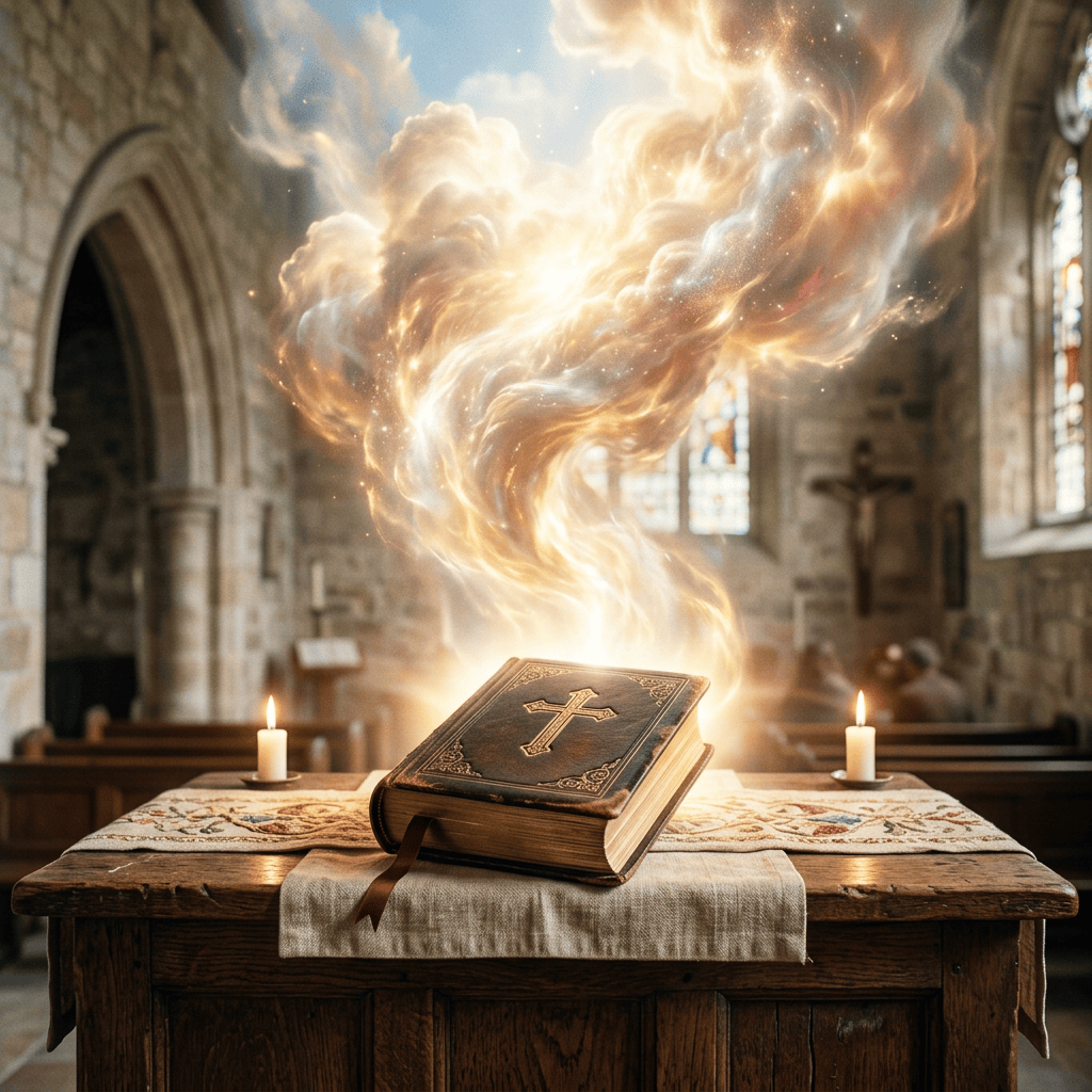 Bible with cross on church altar beneath glowing swirling light