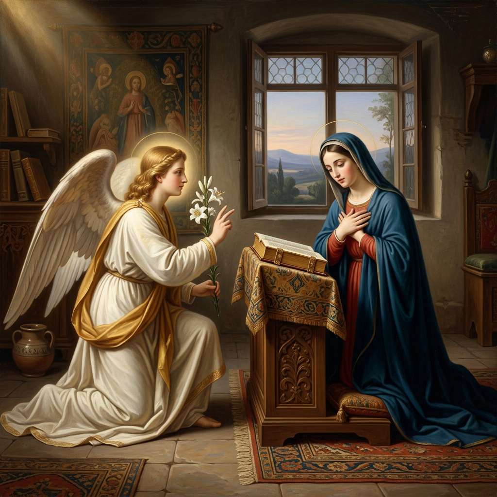An angel kneels before Mary, offering white lilies beside an open book