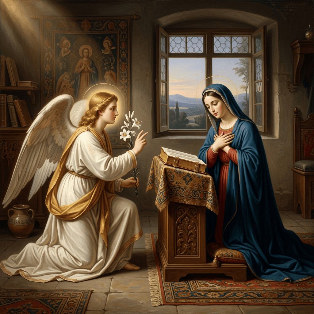An angel kneels before Mary, offering white lilies beside an open book