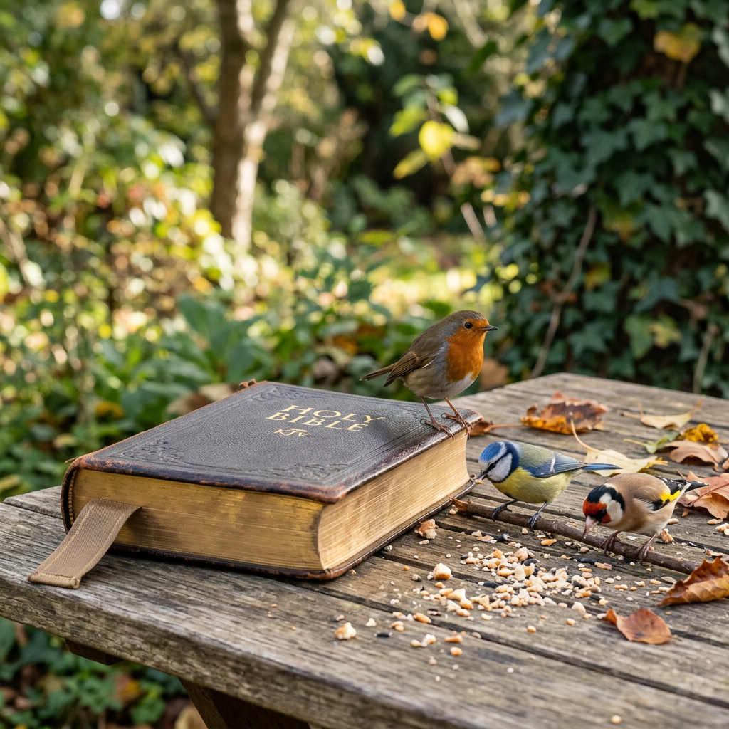 Three birds beside a Holy Bible on a wooden table