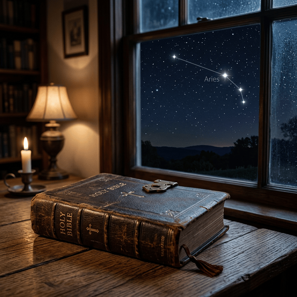 Closed Holy Bible on a wooden table beside a candle, with Aries visible through the window