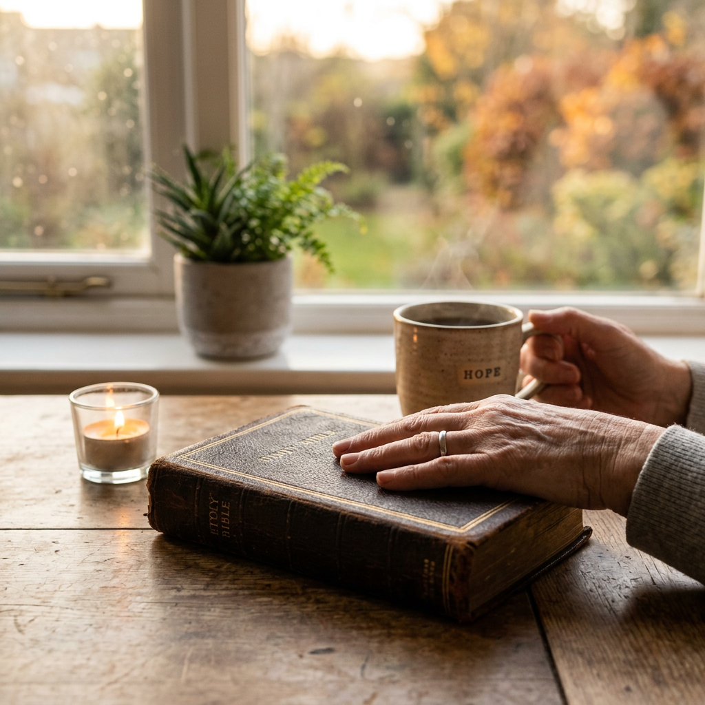 Hands resting on a Bible beside coffee, candle, and autumn garden