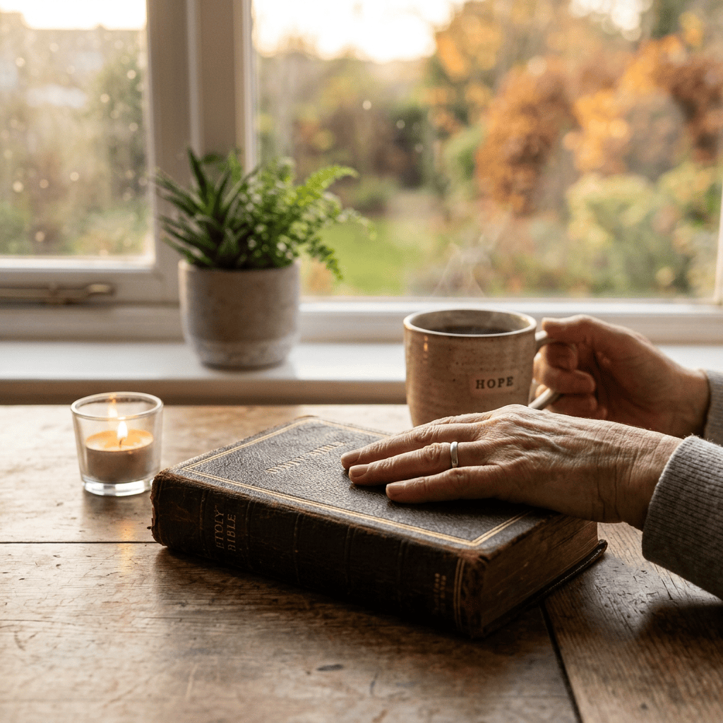 Hands resting on a Bible beside coffee, candle, and autumn garden