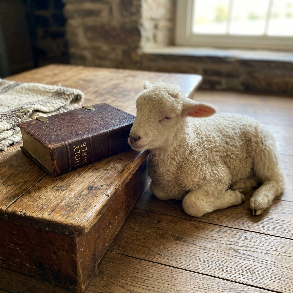 White lamb resting beside a closed Holy Bible on a wooden chest