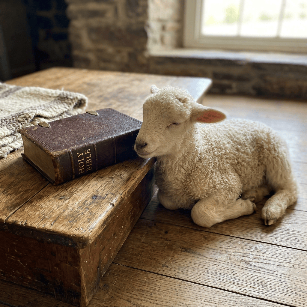 White lamb resting beside a closed Holy Bible on a wooden chest
