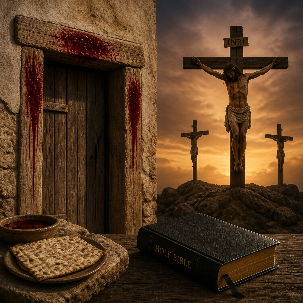 Crucifixion scene with three crosses, blood-marked doorway, unleavened bread, and Holy Bible
