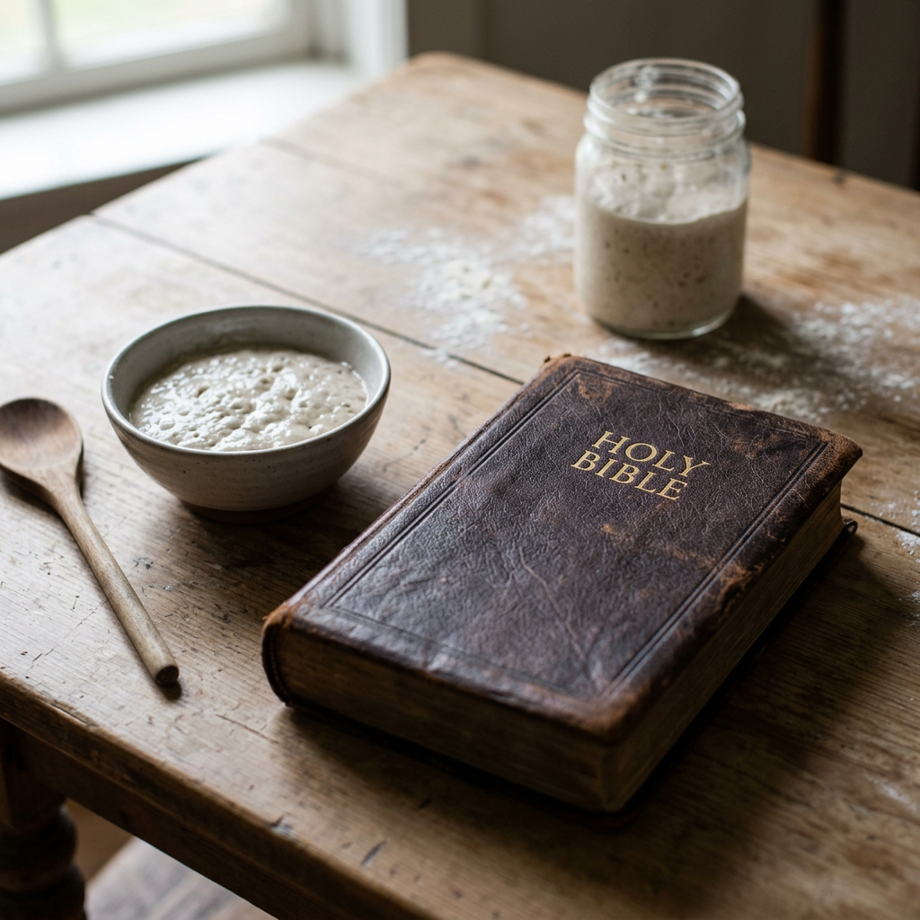 Holy Bible beside a bowl and jar of sourdough starter