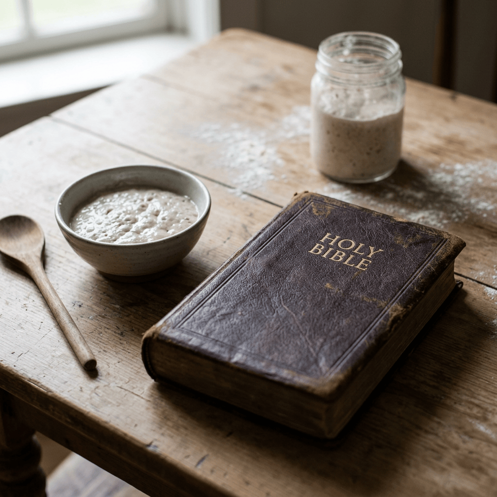 Holy Bible beside a bowl and jar of sourdough starter