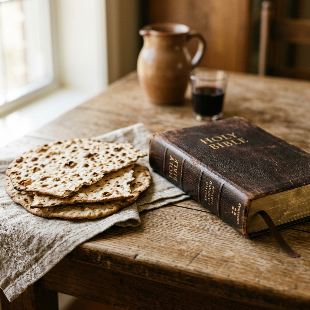 Holy Bible, matzo, wine glass, and ceramic pitcher on a wooden table