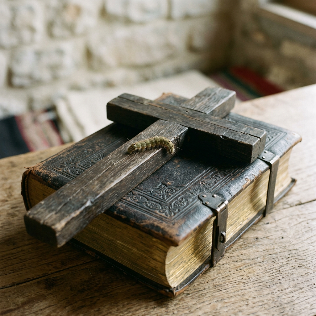 Weathered wooden cross and caterpillar on an antique leather-bound Bible