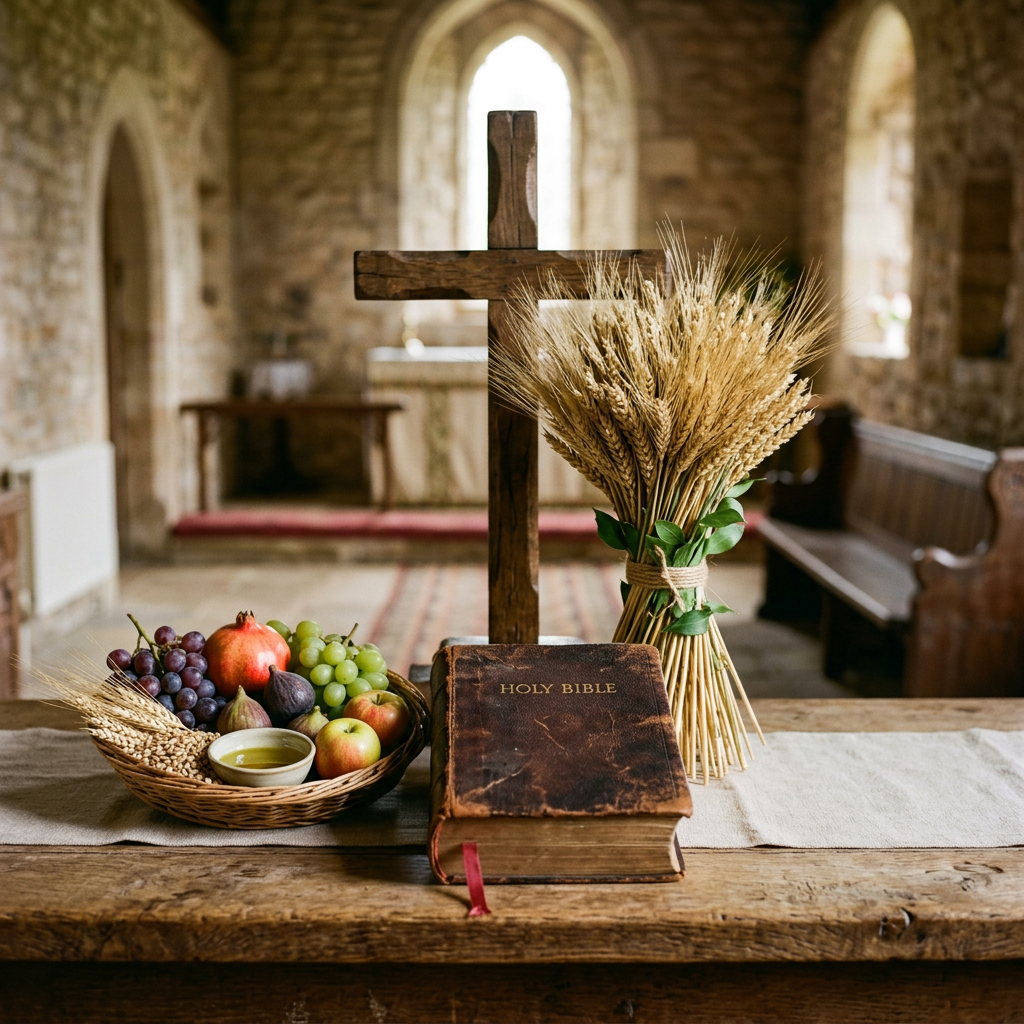 Wooden cross, Holy Bible, wheat bundle, and fruit on a church altar