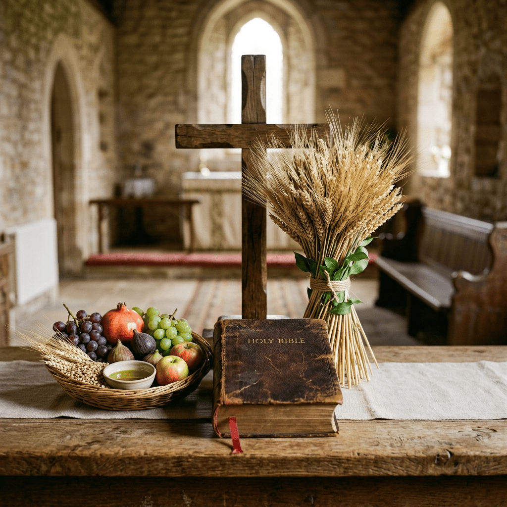 Wooden cross, Holy Bible, wheat bundle, and fruit on a church altar