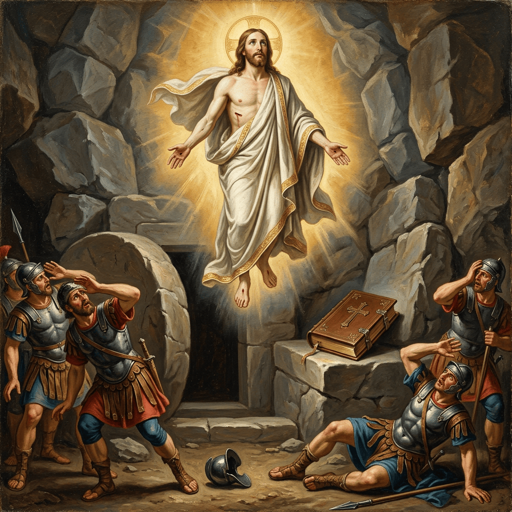 Radiant Christ rises above an empty tomb as Roman soldiers recoil