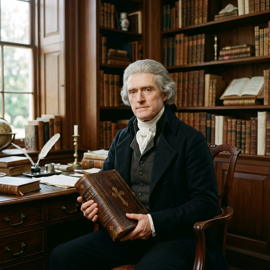 Gray-haired scholar holding an ornate Bible in a wood-paneled library