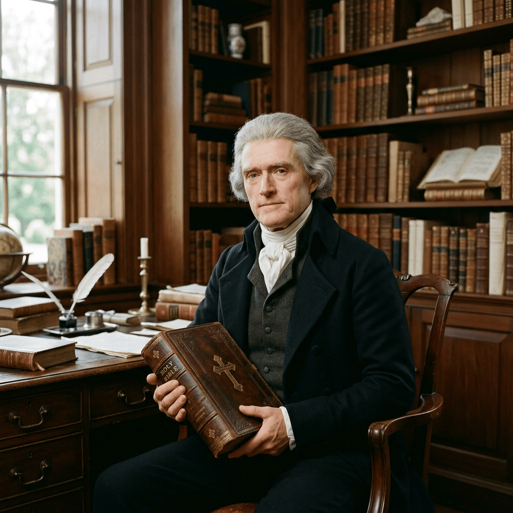 Gray-haired scholar holding an ornate Bible in a wood-paneled library